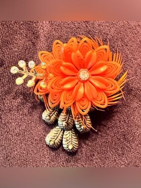 Handmade Brooch by Shabby Using Vintage Parts; 2.25” Coral Flower Brooch w AB